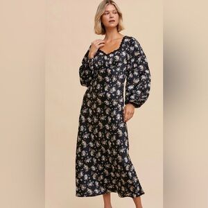 Aviny Midnight Vintage Floral Satin Bias Cut Midi Dress